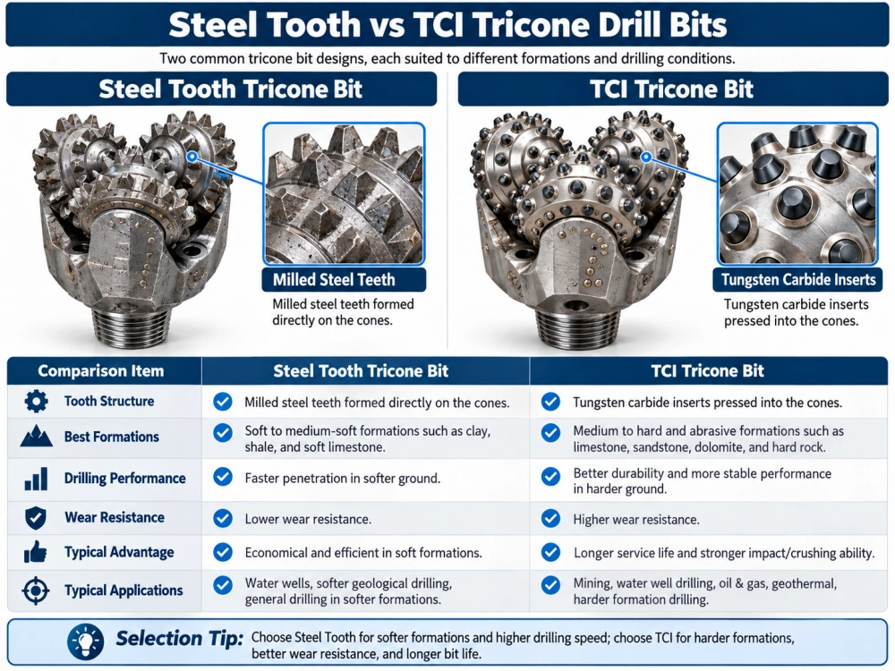 Comparison chart of steel tooth and TCI tricone drill bits for different rock formations